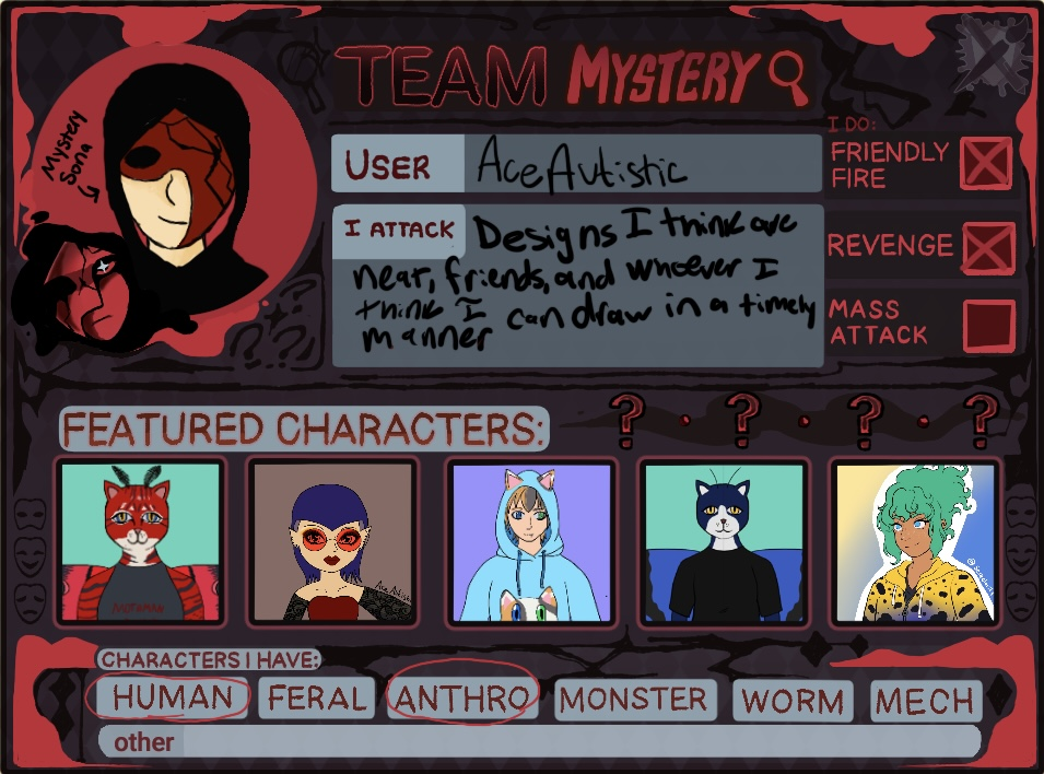 an artfight card stating our user is AceAutistic, and showing a few of our characters